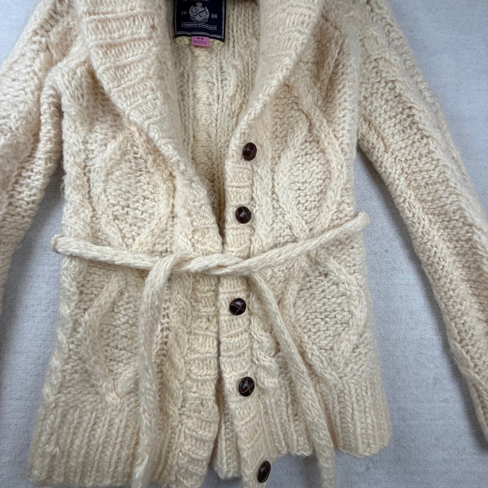 Y2K PINK Cream 100% Wool Cable Knit Belted Cardigan Sweater M Grandpa prepy - Picture 5 of 10